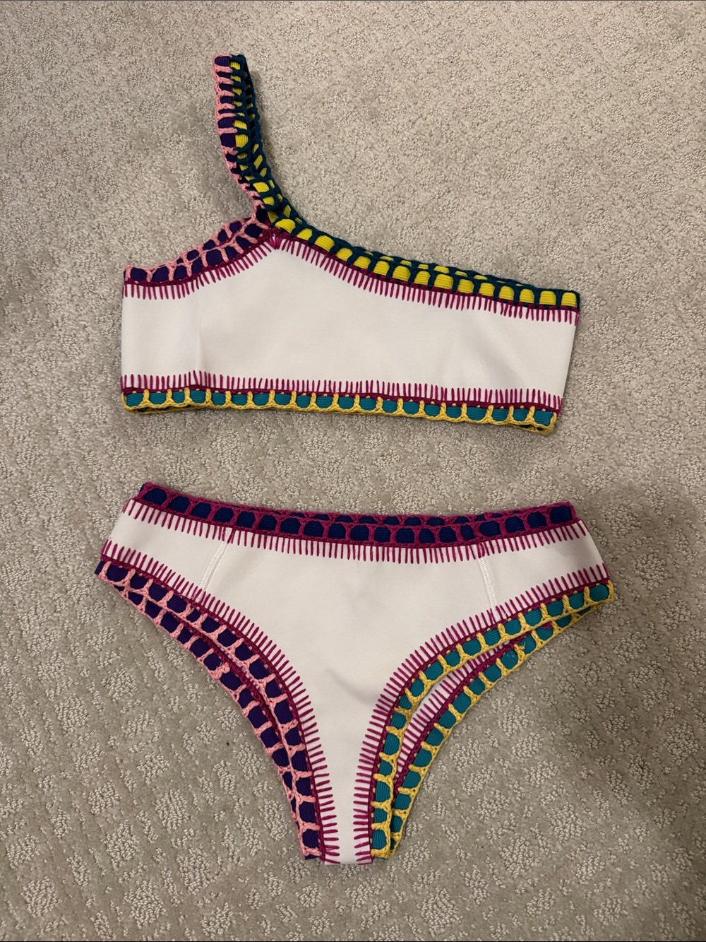 KIINI White One-Shoulder Bikini with Colorful Crochet Trim